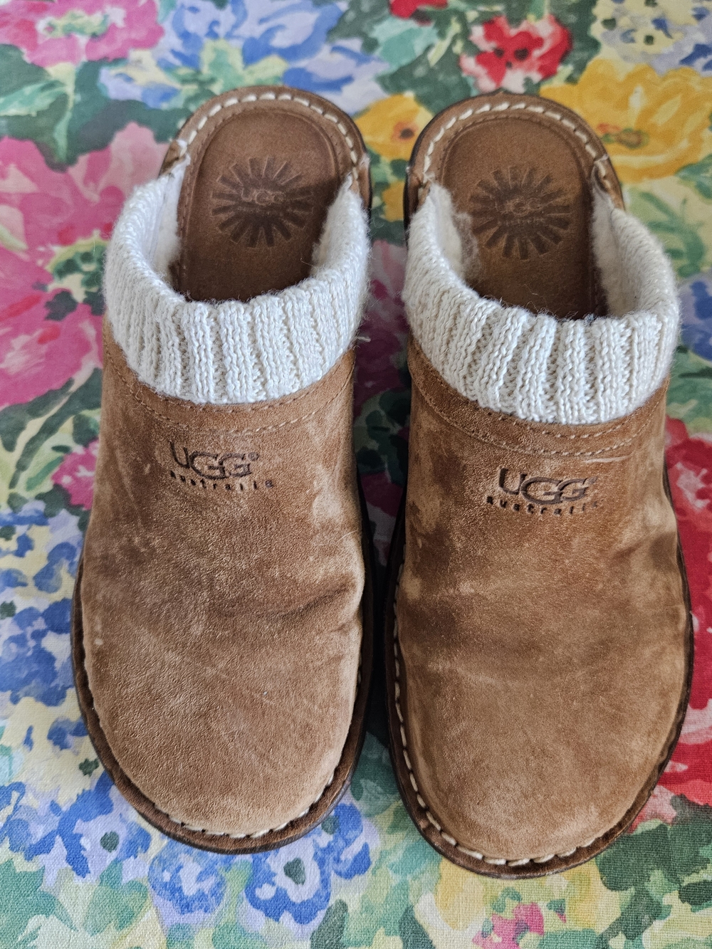 UGG Brown Suede Slip-On Clog with Cream Knit Collar